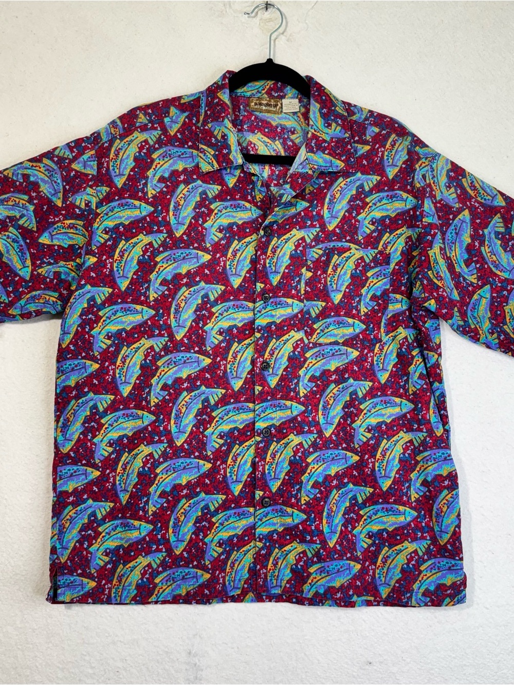 Patagonia VTG Pataloha A/C Cotton Red Salmon Fish Art Print Camp S/S Shirt Large